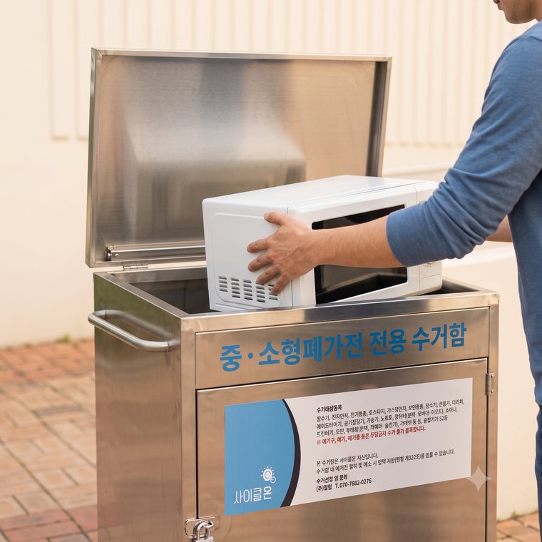 수거함에 전자레인지를 넣는 모습